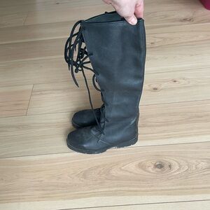 Black Real Leather Lace-Up Boots